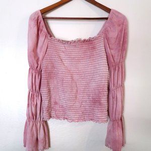 Rewash Tie-Dyed Smocked Puff-sleeve Ruffle-Trimmed Top Pink Size xl